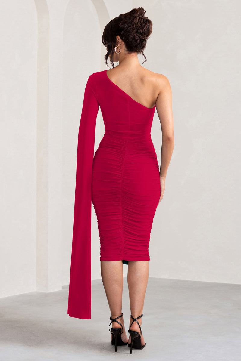 Yara Red One Shoulder Cape Ruched Midi Dress – Club L London - USA