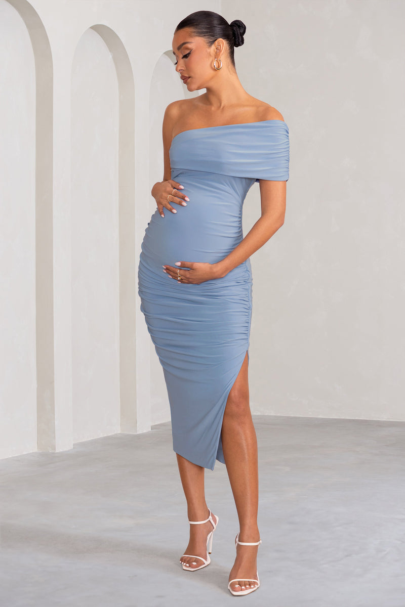 Odelia Powder Blue Maternity Midi Dress with Asymmetric Sleeve and S ...