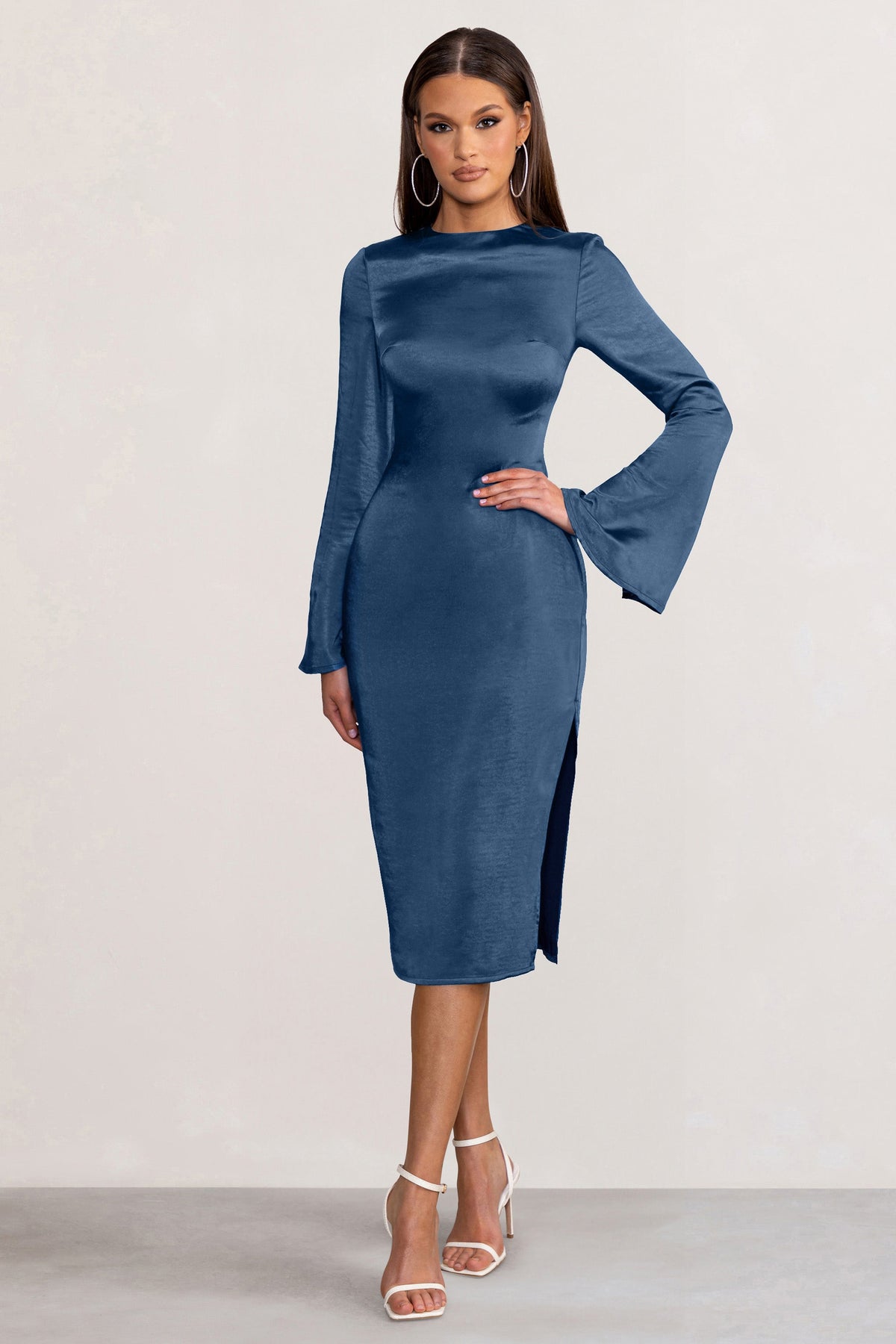Navy blue long sleeve midi dress new arrivals
