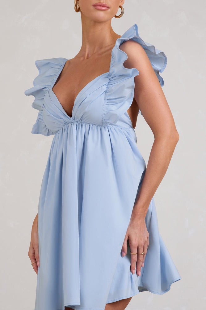 Let's Laze Blue Poplin Smocked Mini Dress With Frilled Straps 