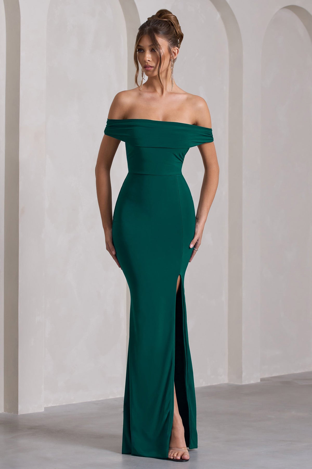 Law of Attraction Bottle Green Bardot Draped Split Maxi Dress Club L London - USA Law of Attraction Bottle Green Bardot Draped Split Maxi Dress Club L London - USA