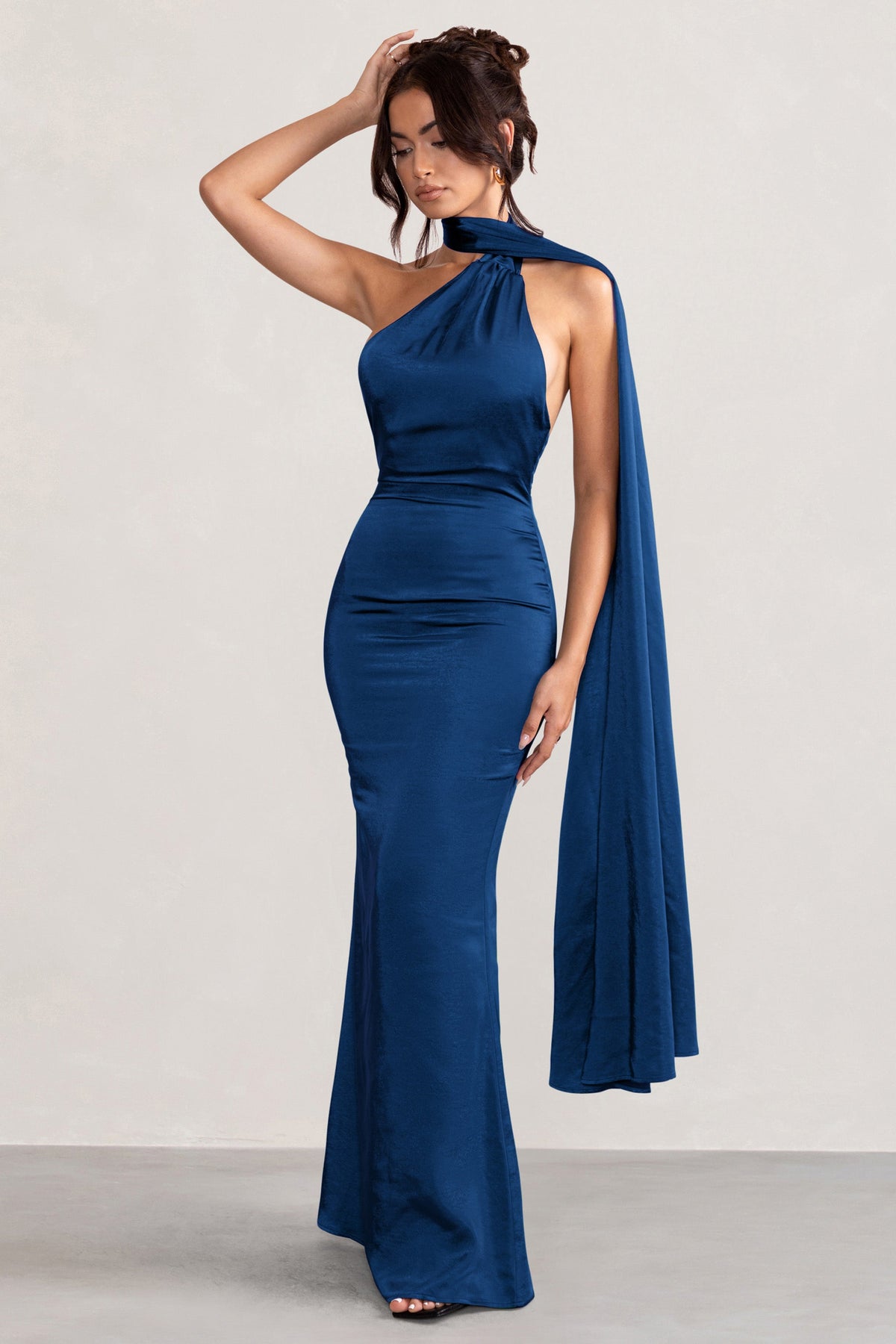 Mademoiselle | Navy Asymmetric Scarf Neck Backless Maxi Dress