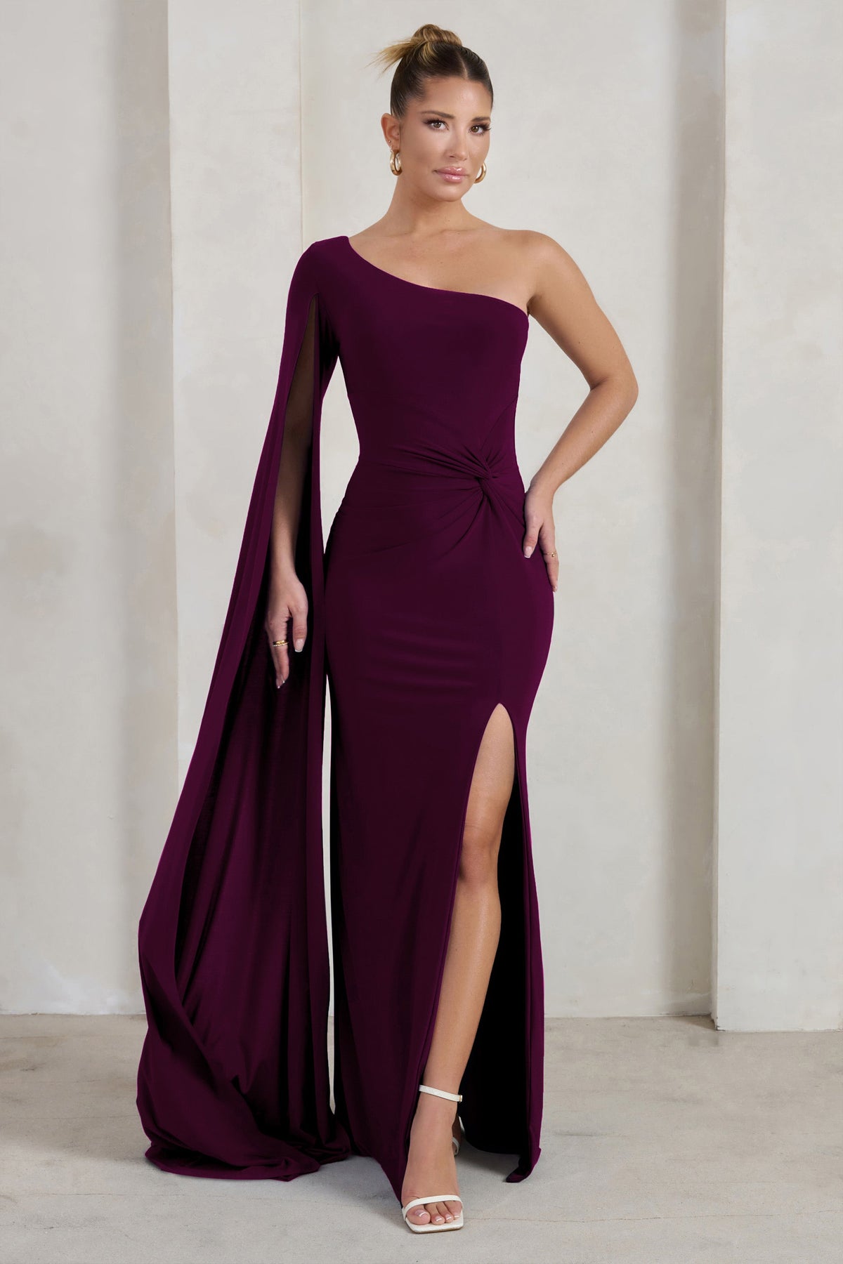Cutout One-Shoulder Crepe Gown with Skirt Slit | David's Bridal
