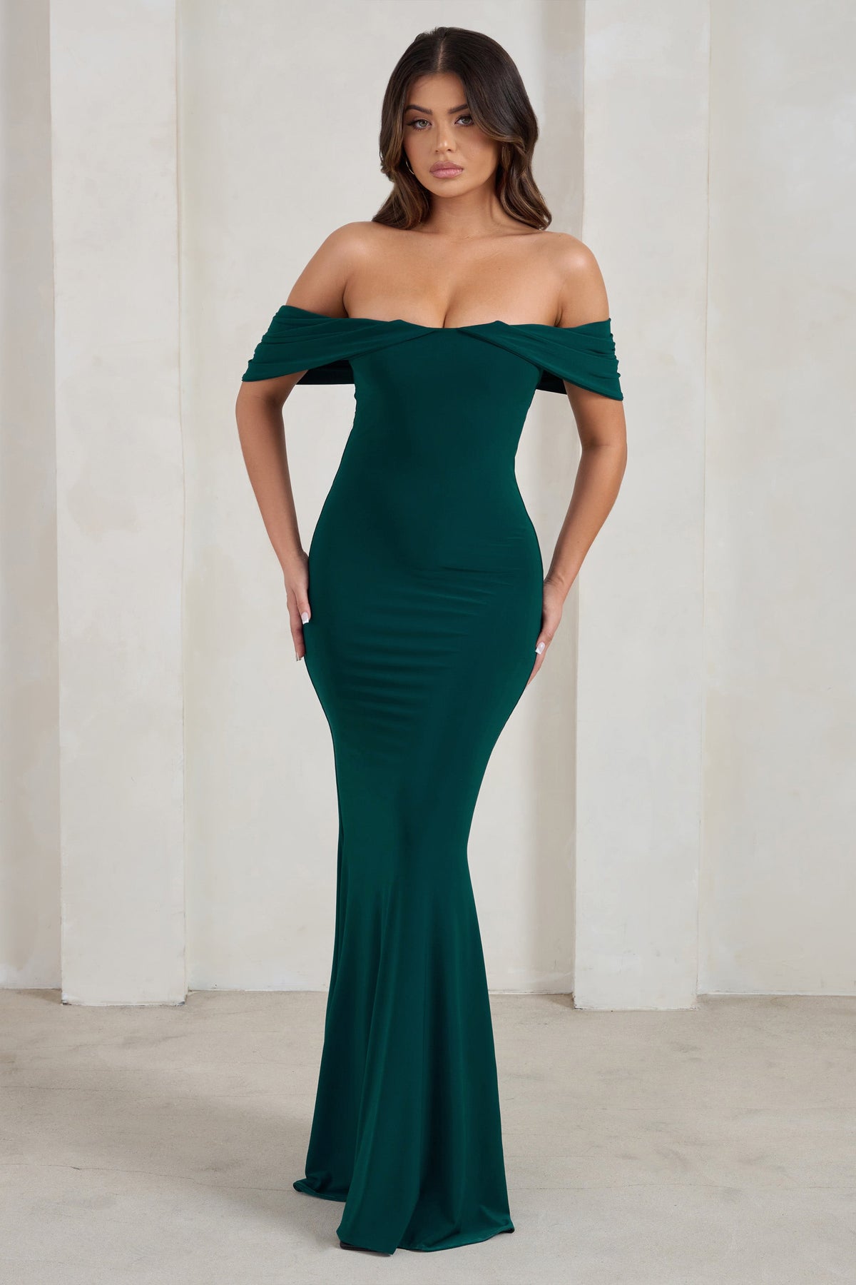 Emerald green wrap over long sleeve bardot hotsell maxi dress