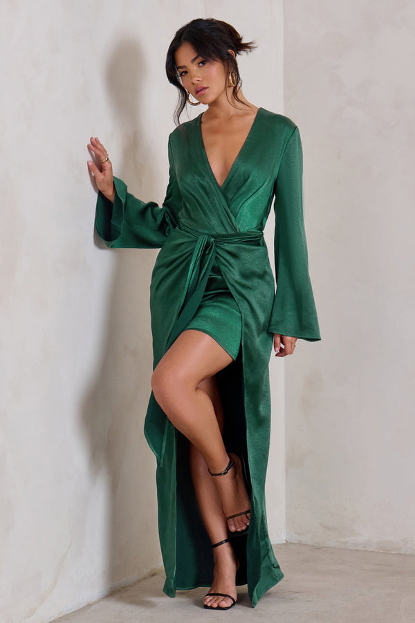 green dress long sleeve Patricia Green Extreme Plunge Long Sleeve Maxi Dress With Tie Detail – Club  L London