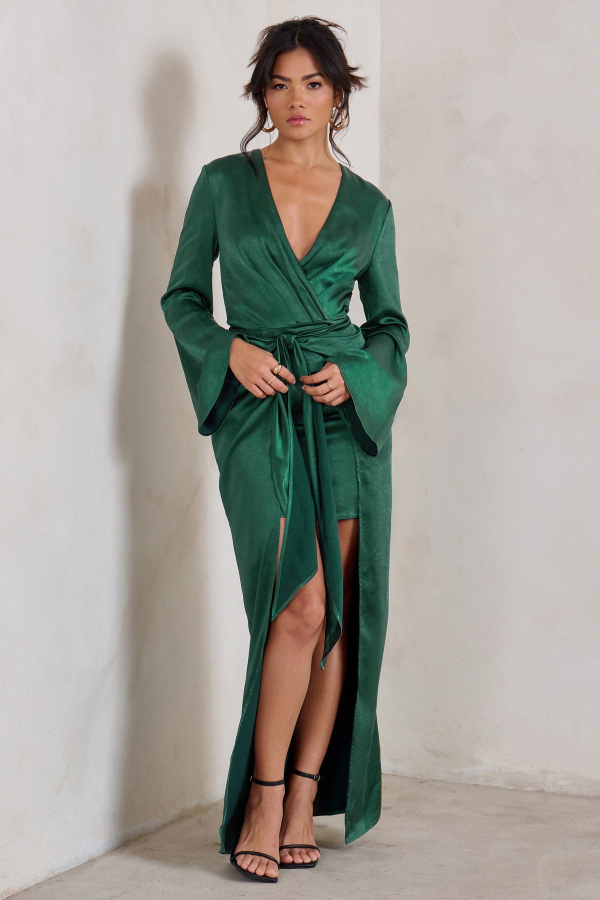 Patricia Green Extreme Plunge Long Sleeve Maxi Dress With Tie Detail Club L London - USA Patricia Green Extreme Plunge Long Sleeve Maxi Dress With Tie Detail Club L London - USA
