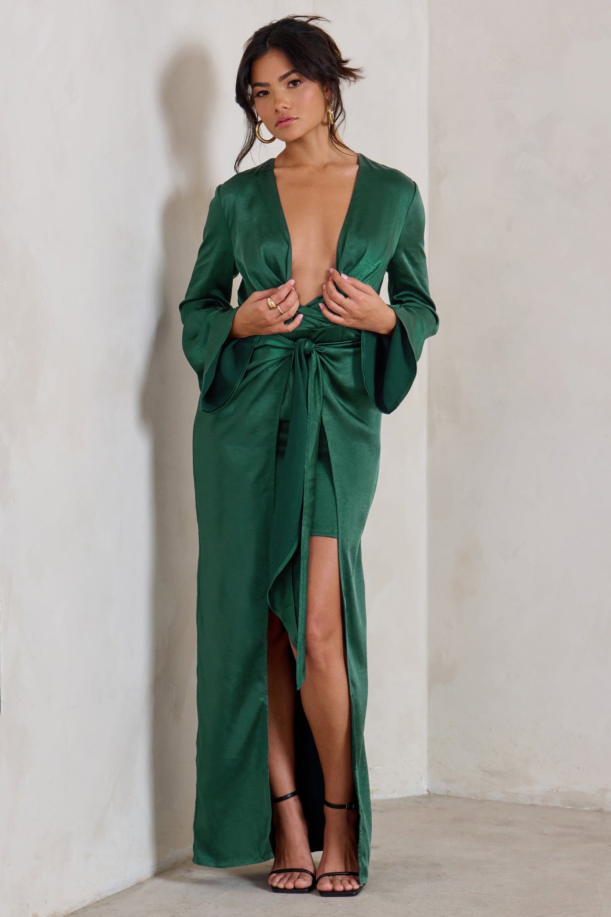 Patricia Green Extreme Plunge Long Sleeve Maxi Dress With Tie Detail Club L London - USA Patricia Green Extreme Plunge Long Sleeve Maxi Dress With Tie Detail Club L London - USA