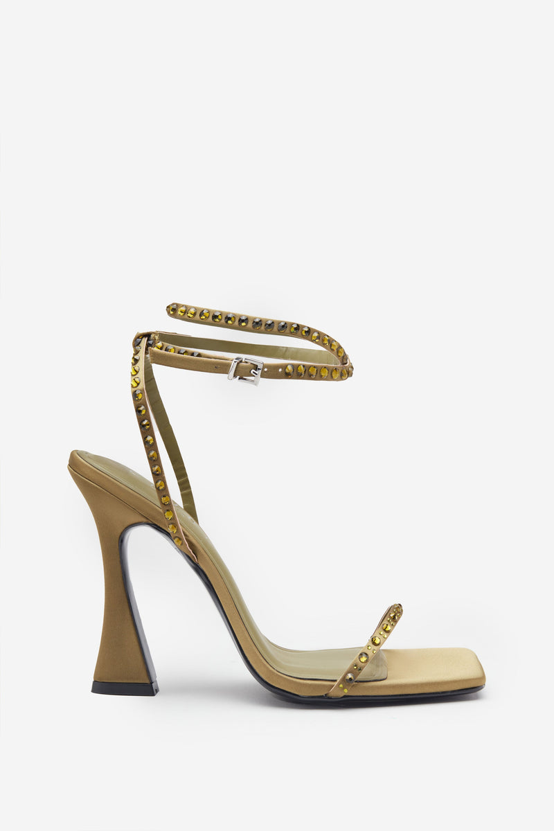 Nostalgia Olive Green Satin Heeled Sandals With Diamante Straps – Club ...