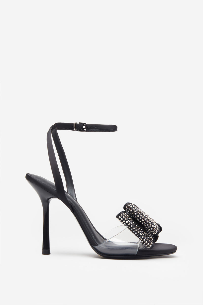 Bowing Black Satin Heeled Sandals With Diamante Bows – Club L London - USA