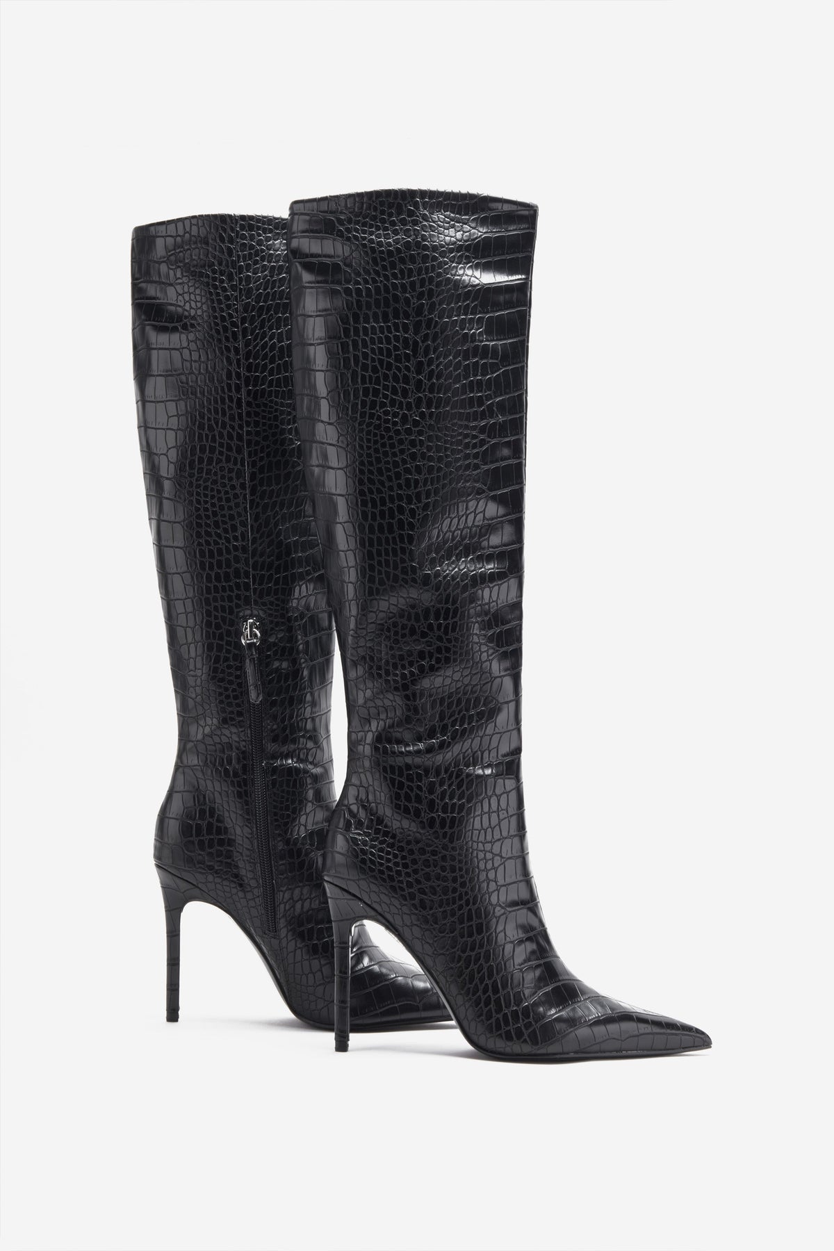 Wide Fit Black Leather-Look Stretch Block Heel Knee High Boots | New Look