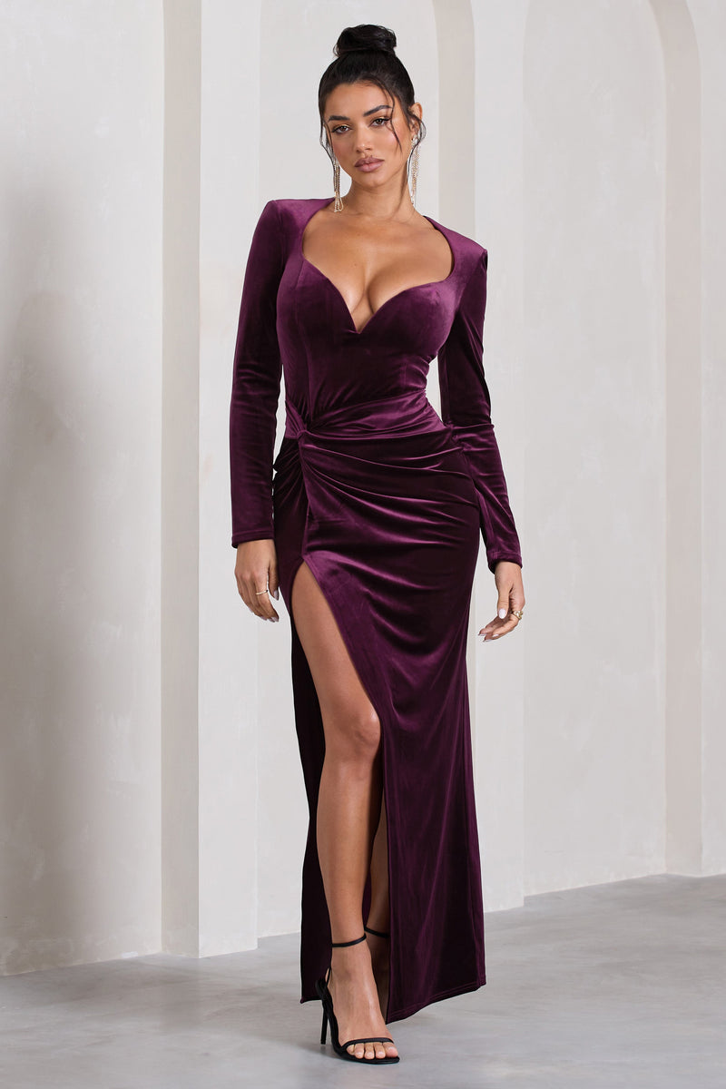 Vin Chaud Dark Purple Velvet Long-Sleeved Split Maxi Dress – Club L ...