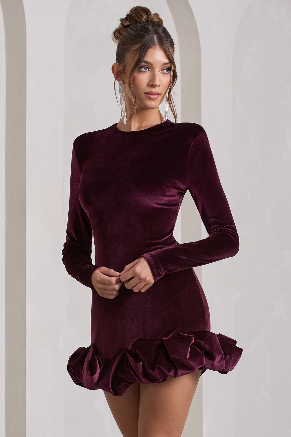 Claudine Port Velvet Long Sleeved Ruffled Mini Dress Club L London USA Claudine Port Velvet Long Sleeved Ruffled Mini Dress Club L London USA