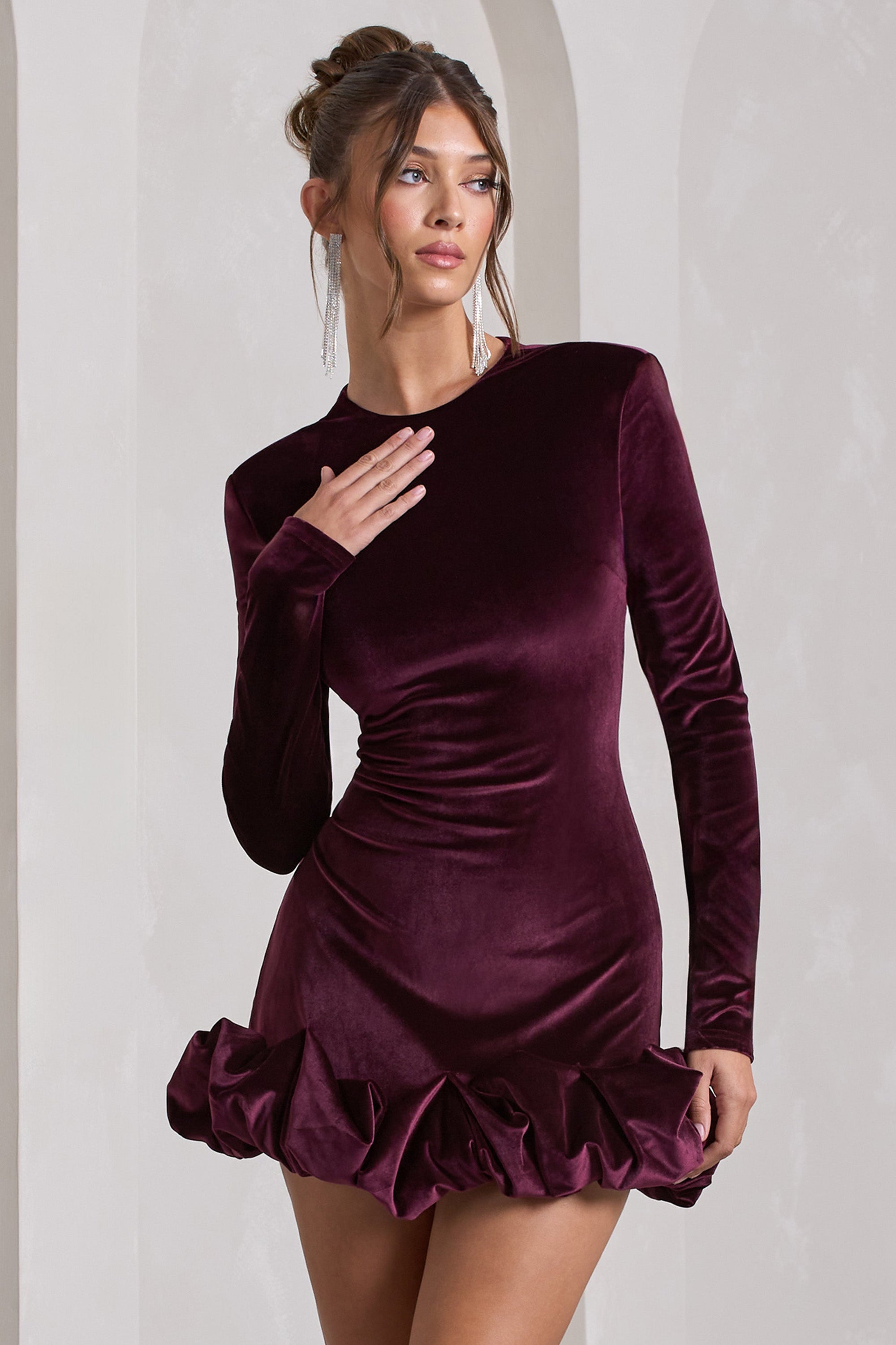 burgundy velvet dress long sleeve Jessica Angel 2344 Short Ruffle Cocktail Joyofdress off the shoulder burgundy velvet long formal dress with long sleeves and zip up back Burgundy Velvet Long Mermaid Prom