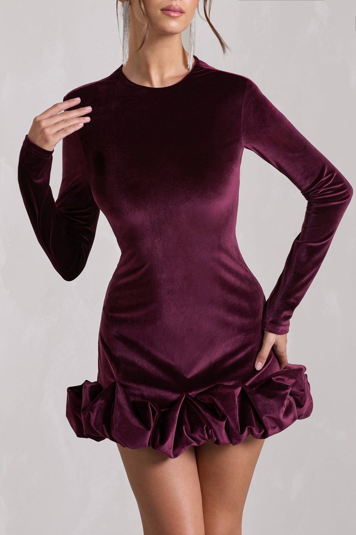 Claudine Port Velvet Long Sleeved Ruffled Mini Dress Club L London USA Claudine Port Velvet Long Sleeved Ruffled Mini Dress Club L London USA