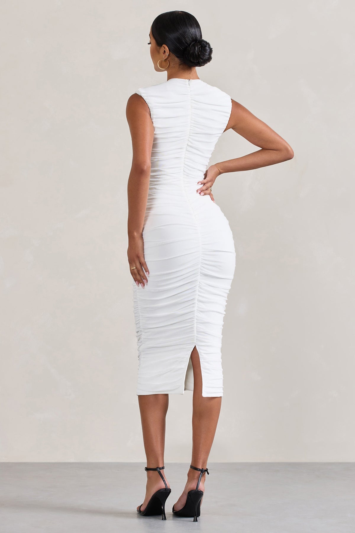 Seductress White Long Sleeve Square Neck Ruched Midi Dress – Club