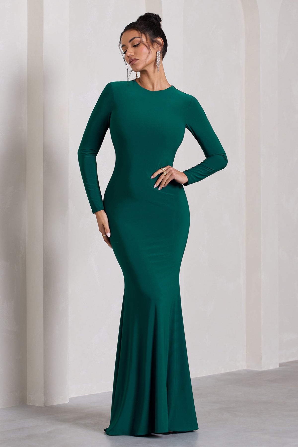 Starring | Bottle Green  Long-Sleeve Backless  Maxi Dress