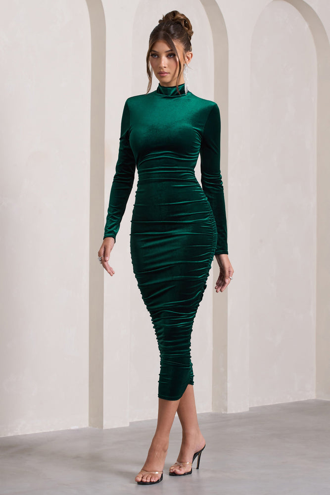 【美品】louren back open velour dress Joanna Bottle Green Velvet High-Neck Backless Midi Dress