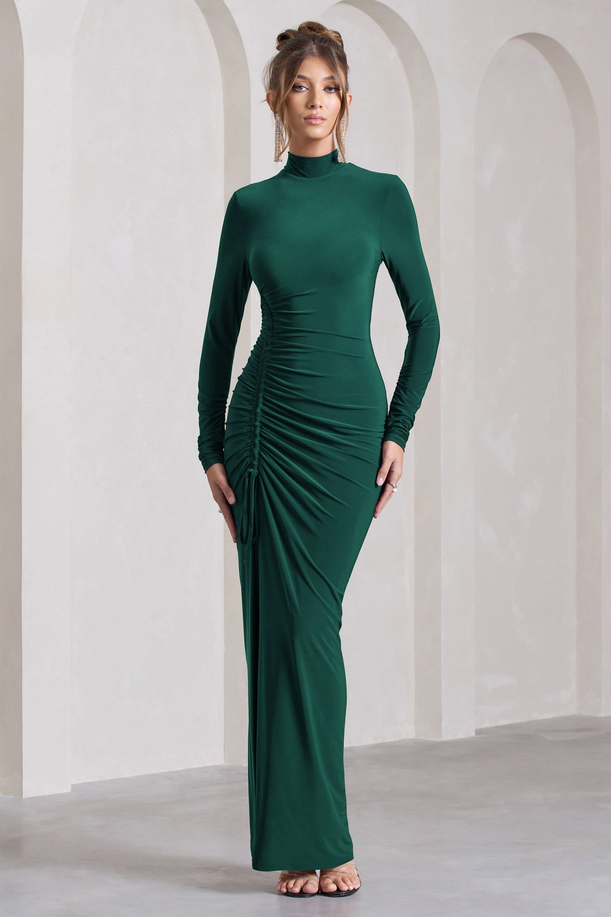 Lynn Bottle Green Ruched High-Neck Split Maxi Dress – Club L London - USA