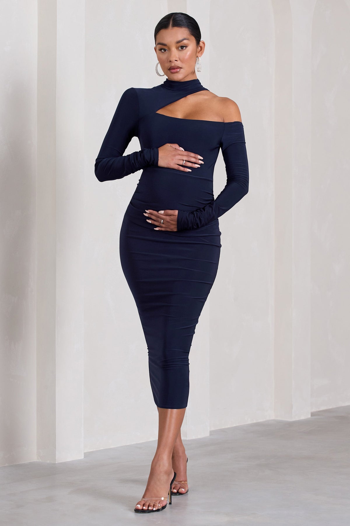 Just Dream | Navy Asymmetric High-Neck Cut-Out Maternity Midi Dress