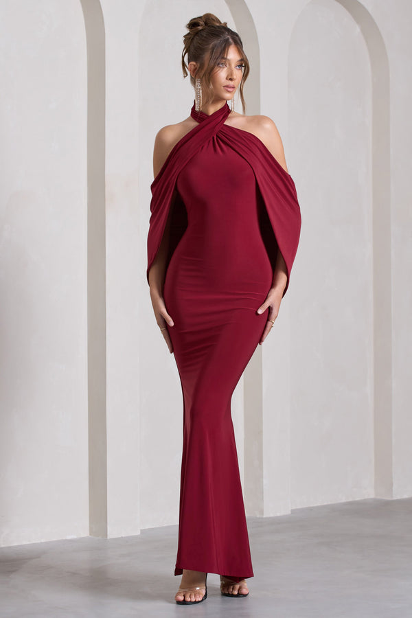 Revelation Berry Red Crossed Halter-Neck Fishtail Maxi Dress With 