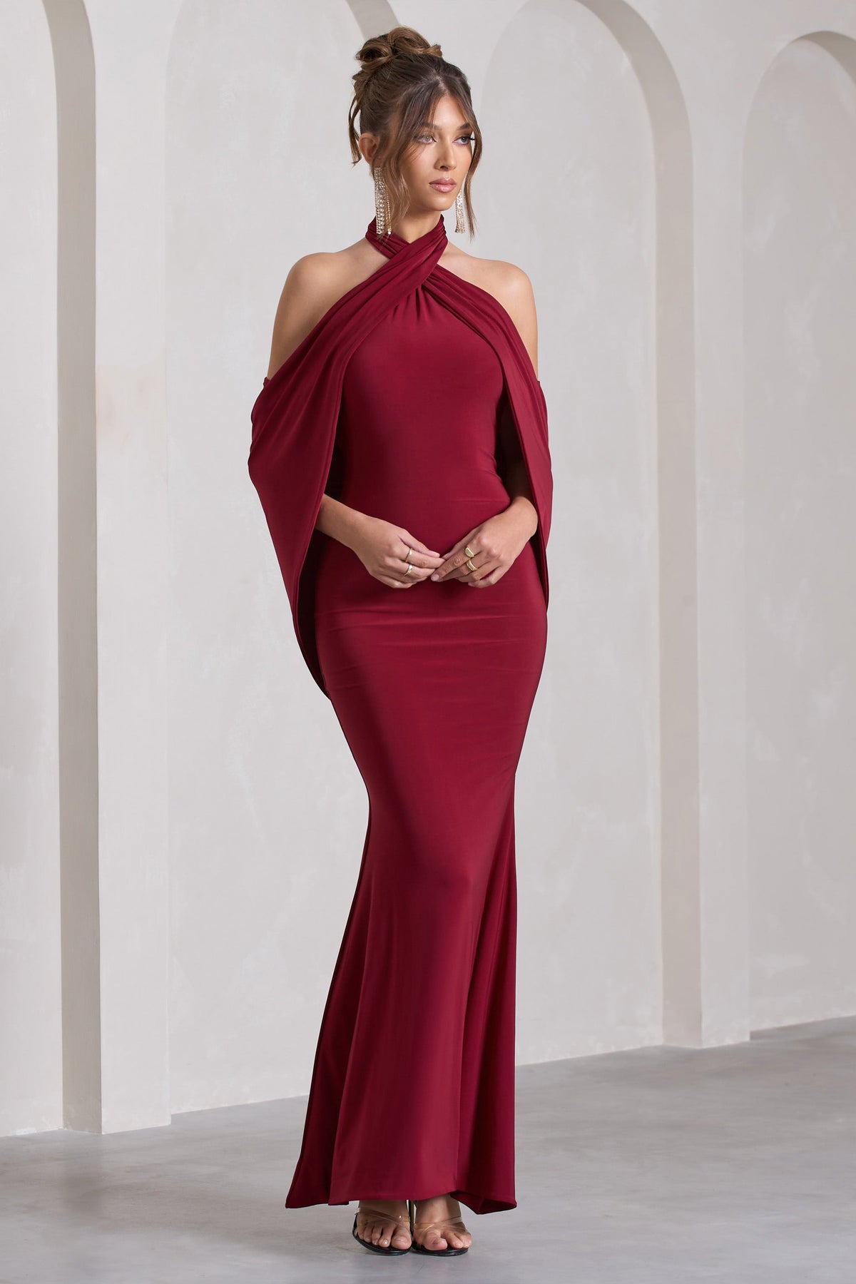 Revelation Berry Red Crossed London USA - Halter-Neck Fishtail – Cape L Club Dress Maxi With