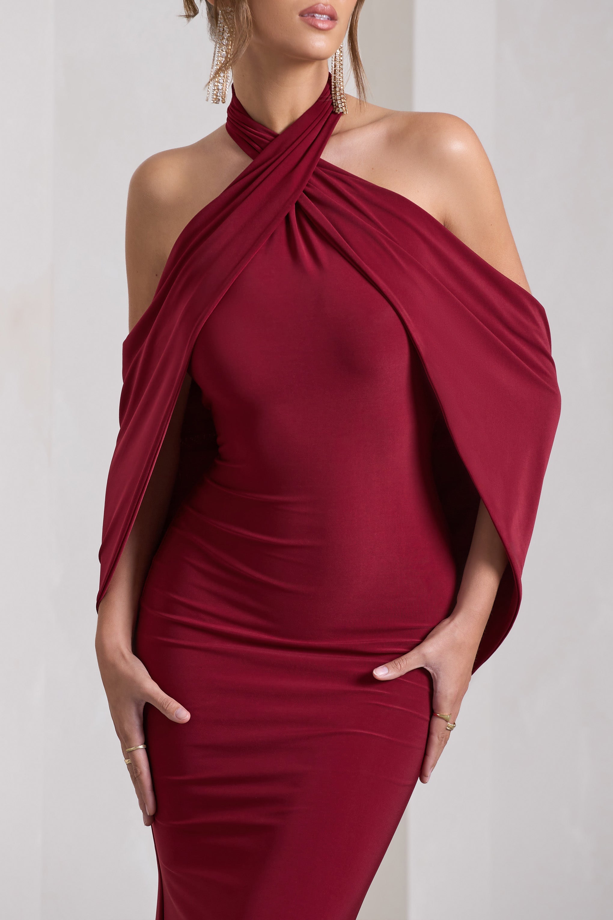 Revelation Berry Red Crossed Halter-Neck Fishtail Maxi Dress With Cape – Club L London - USA Revelation Berry Red Crossed Halter-Neck Fishtail Maxi Dress With Cape – Club L London - USA
