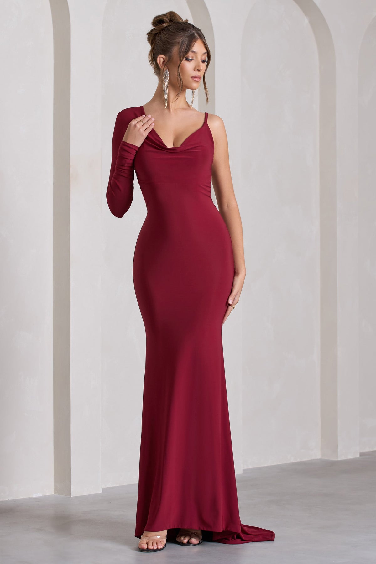 At Dusk Berry Red One-Sleeved Cowl-Neck Fishtail Maxi Dress – Club L ...