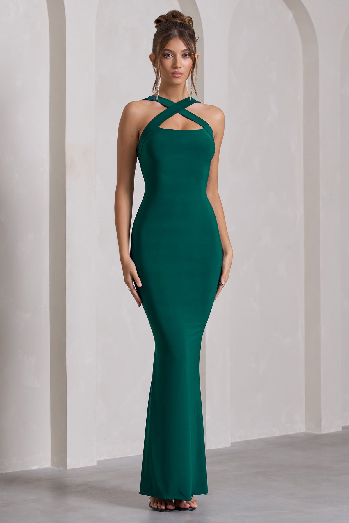 Cross My Heart Bottle Green Sleeveless Cross-Neck Maxi Dress 