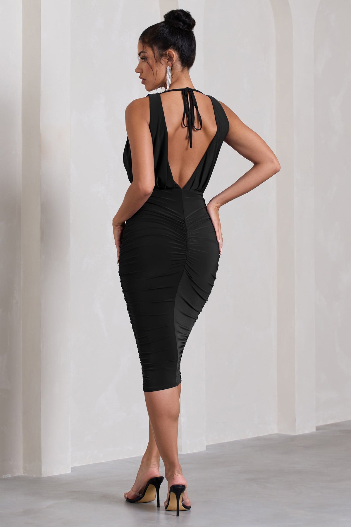 Marlowe Black Ruched Plunge Sleeveless Midi Dress Club L London - USA Marlowe Black Ruched Plunge Sleeveless Midi Dress Club L London - USA