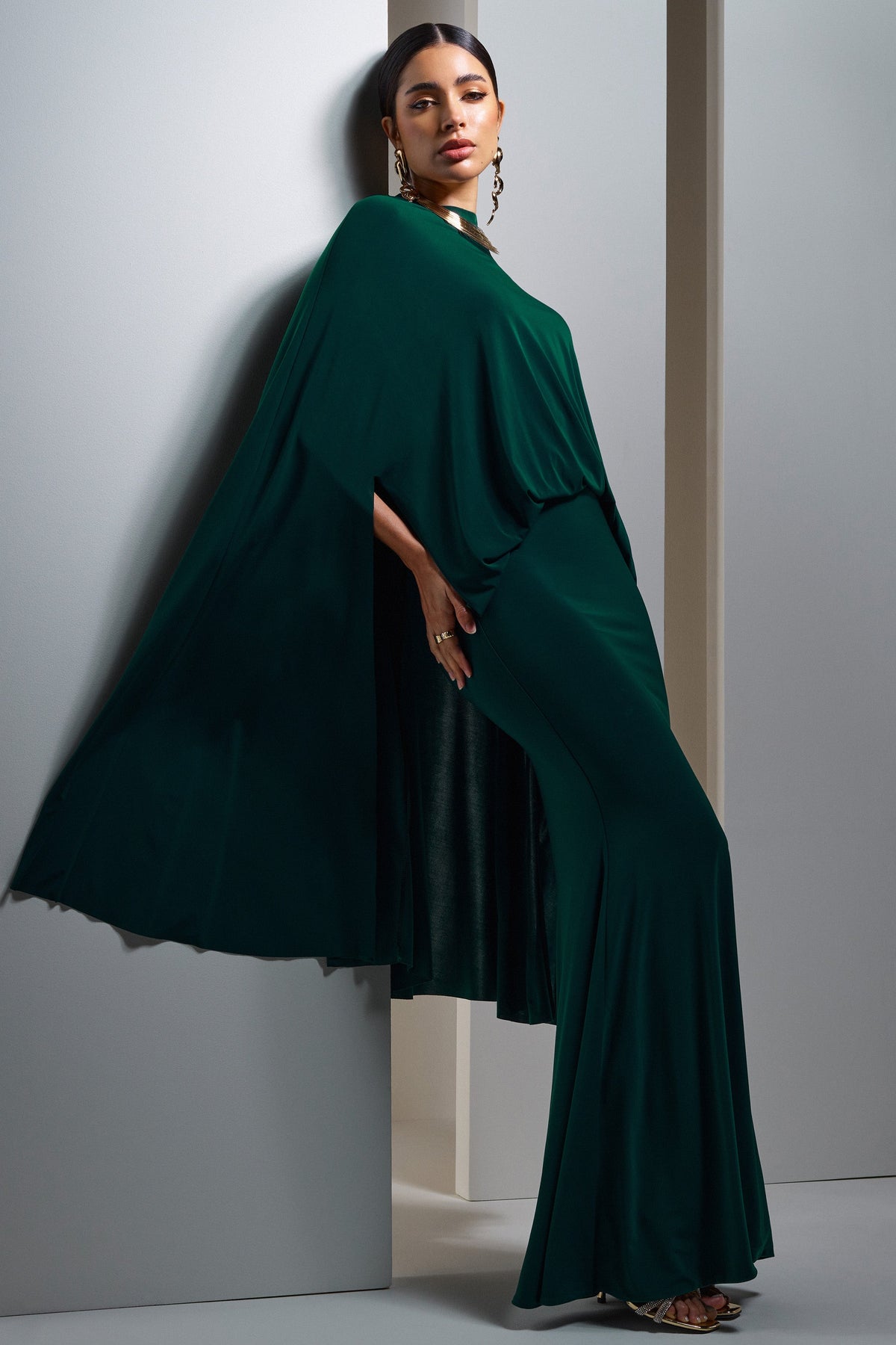 Charmaine | Bottle Green High-Neck Maxi Dress With Cape