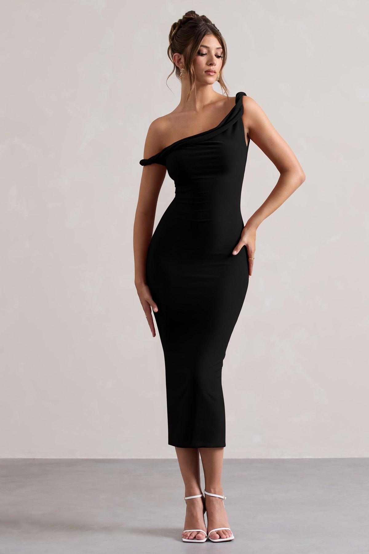 Salome | Black Twisted Asymmetric Midi Dress - UK 4 Black Salome | Black Twisted Asymmetric Midi Dress - UK 4 Black