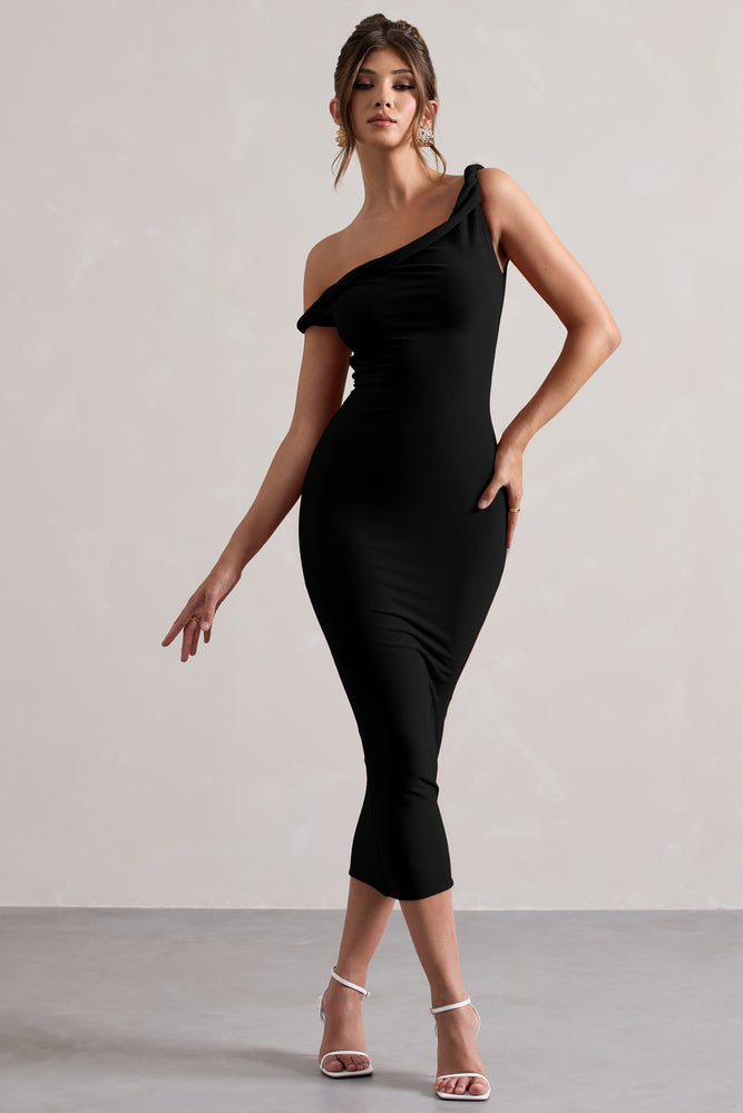 Salome | Black Twisted Asymmetric Midi Dress - UK 4 Black Salome | Black Twisted Asymmetric Midi Dress - UK 4 Black