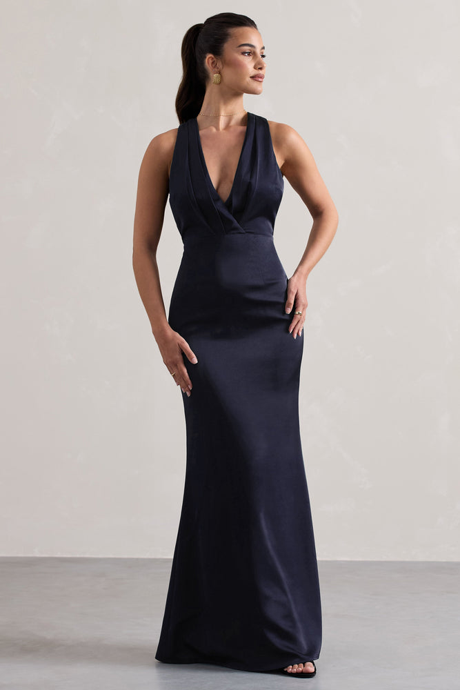 Tiffany Navy Satin Plunge-Neck Maxi Dress – Club L London - USA