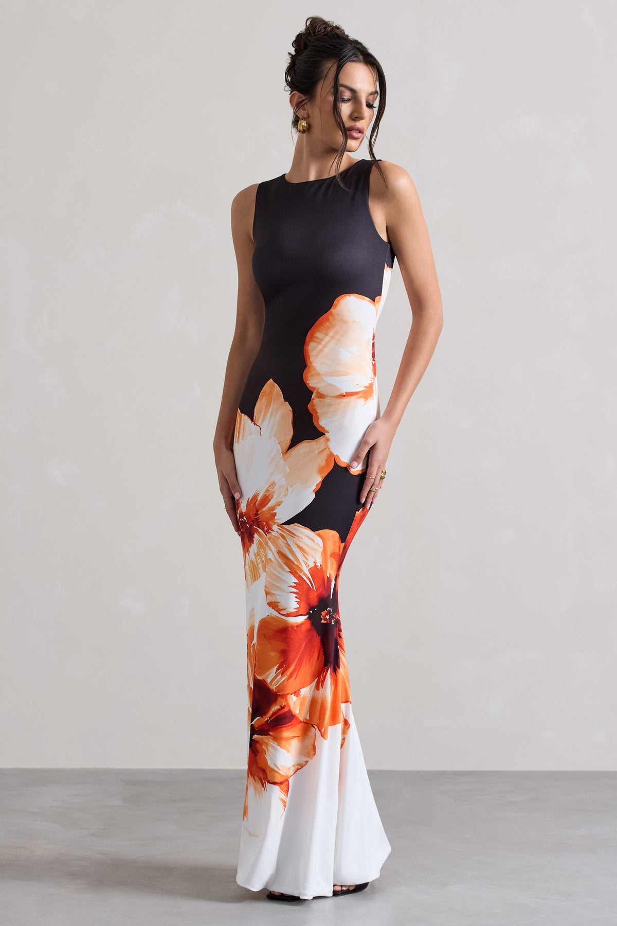 Club L London UK Micah Black Orange Floral Print Racer Neck Maxi Dress US 10 Orange Floral Print