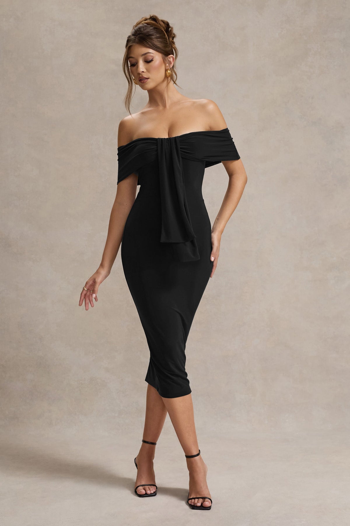 Selbie Black Bardot Midi Dress With Drape Club L London - USA Selbie Black Bardot Midi Dress With Drape Club L London - USA