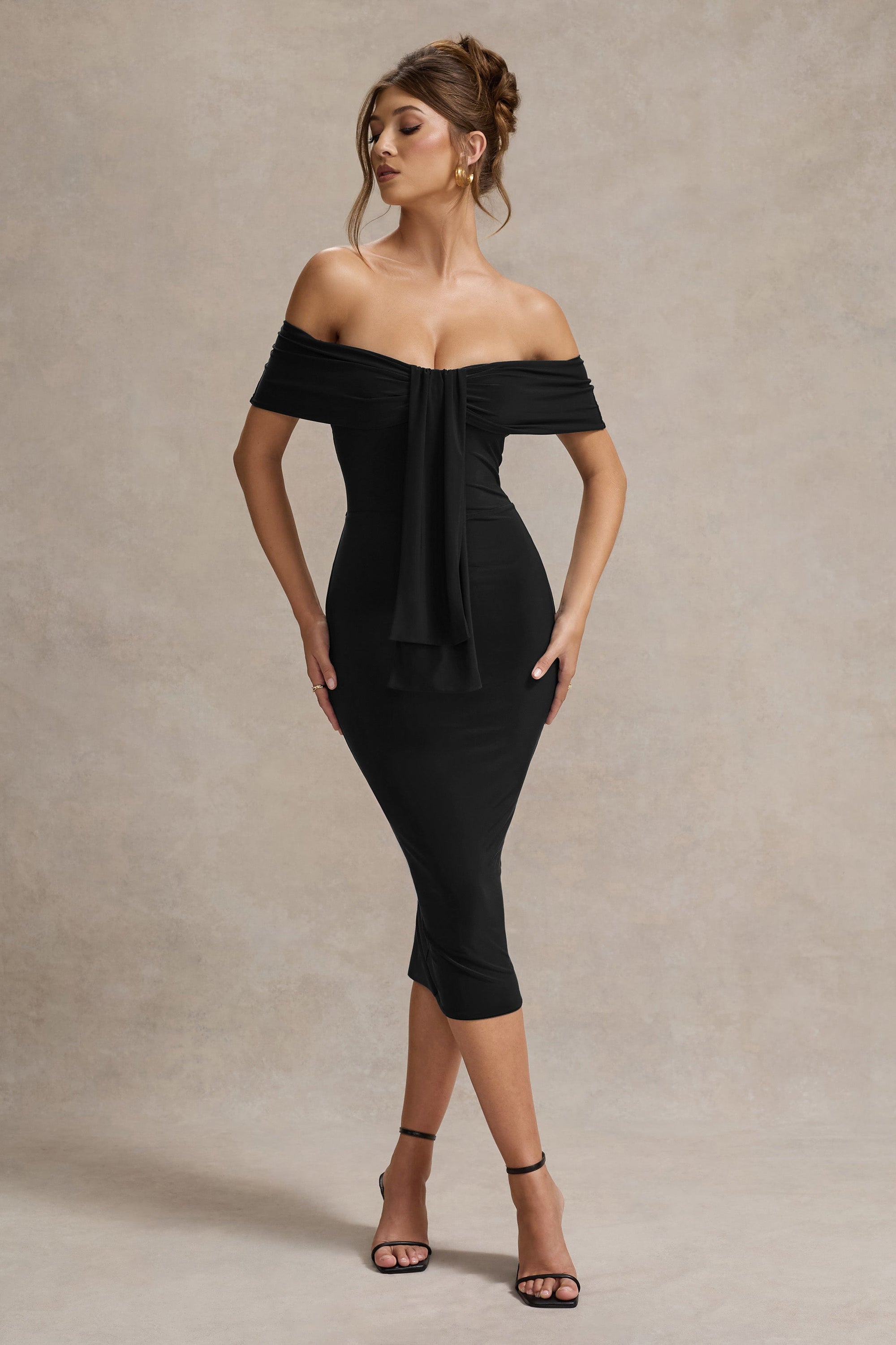 Selbie | Black Bardot Midi Dress With Drape - Club L London - USA