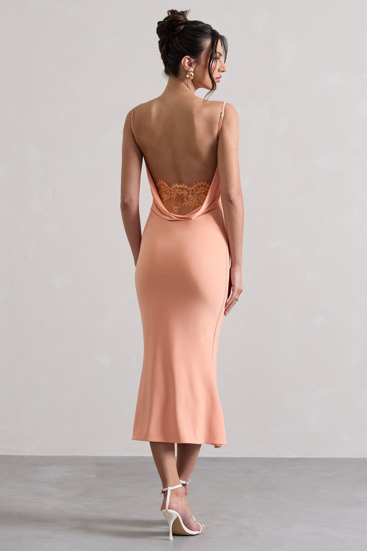 Addison | Coral Cowl-Neck Open-Back Midi Dress With Lace