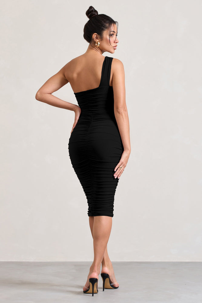 Total Appeal Black Ruched One-Shoulder Bodycon Midi Dress