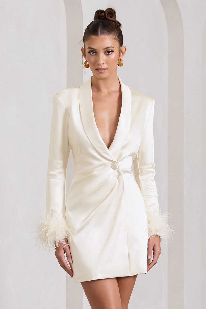 VIP Ivory Satin Plunge Neck Blazer Mini Dress With Feather Cuff – Club ...