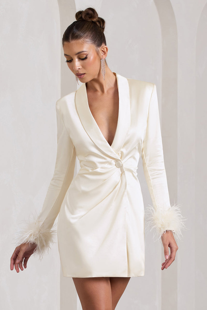 VIP Ivory Satin Plunge Neck Blazer Mini Dress With Feather Cuff – Club ...