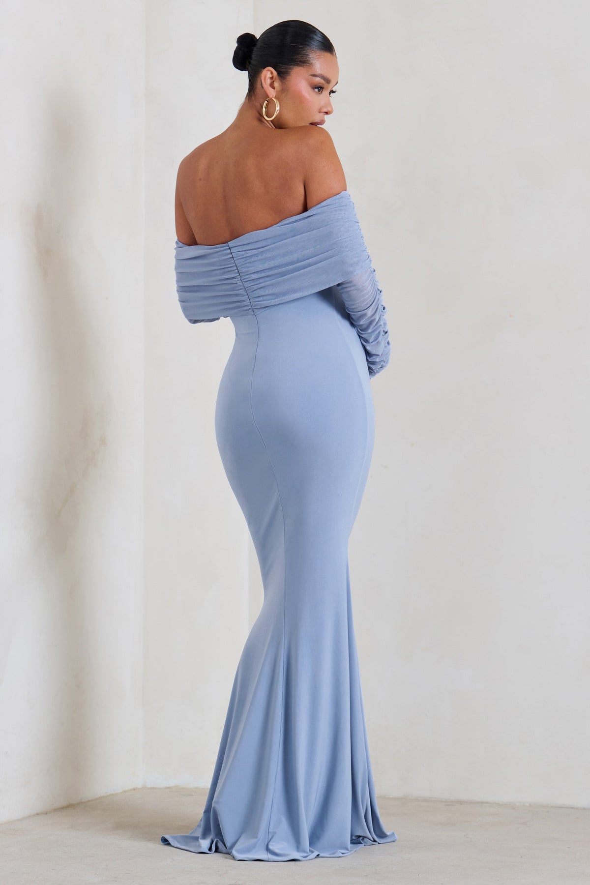 Pretty Perfect Powder Blue Maternity Ruched Mesh Bardot Maxi Dress