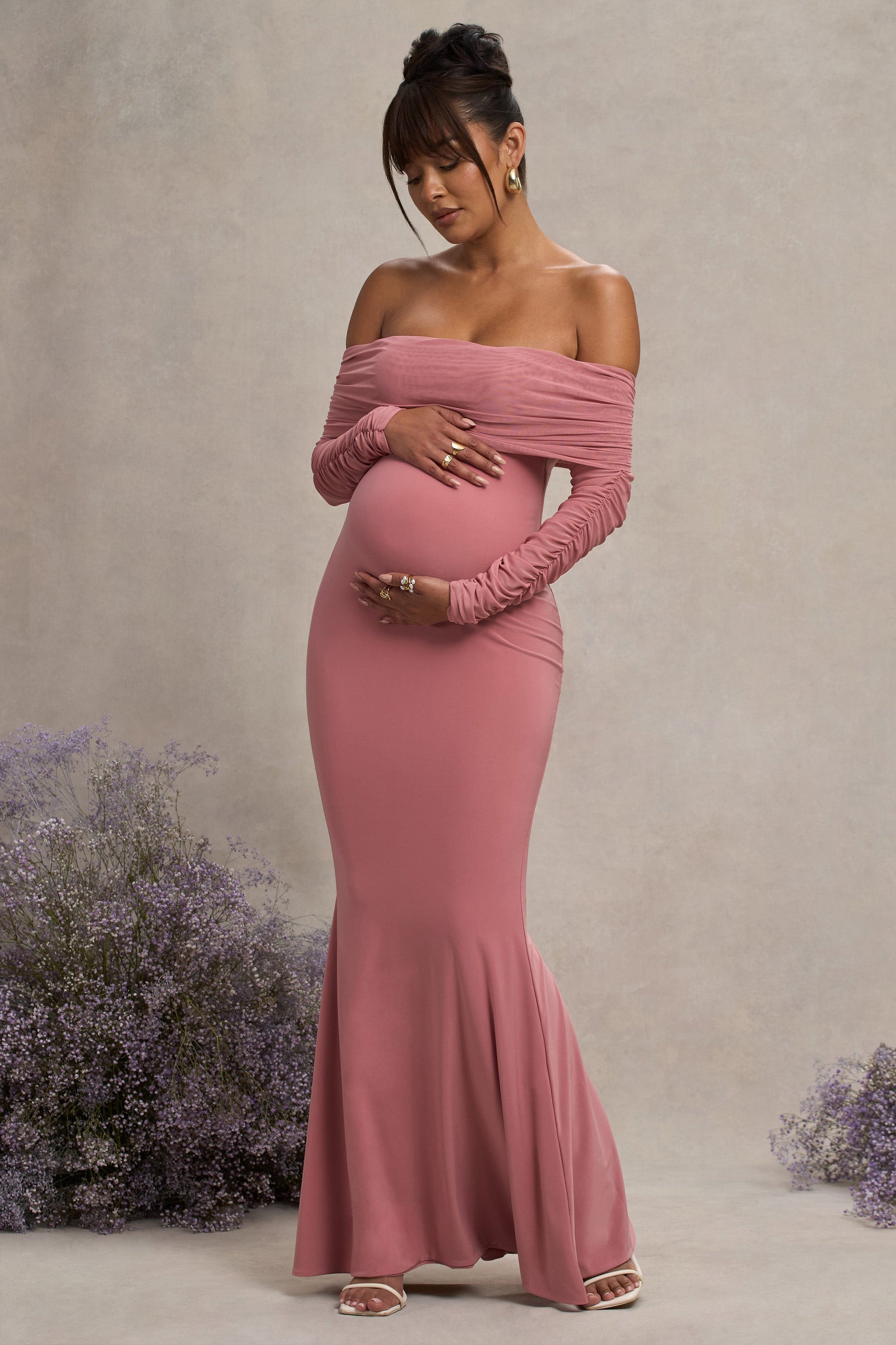 pink feather maternity dress Dusty Pink Maternity Photoshoot Dress Tulle Rose Cape Mermaid Maternity Baby Shower Gown YW250074