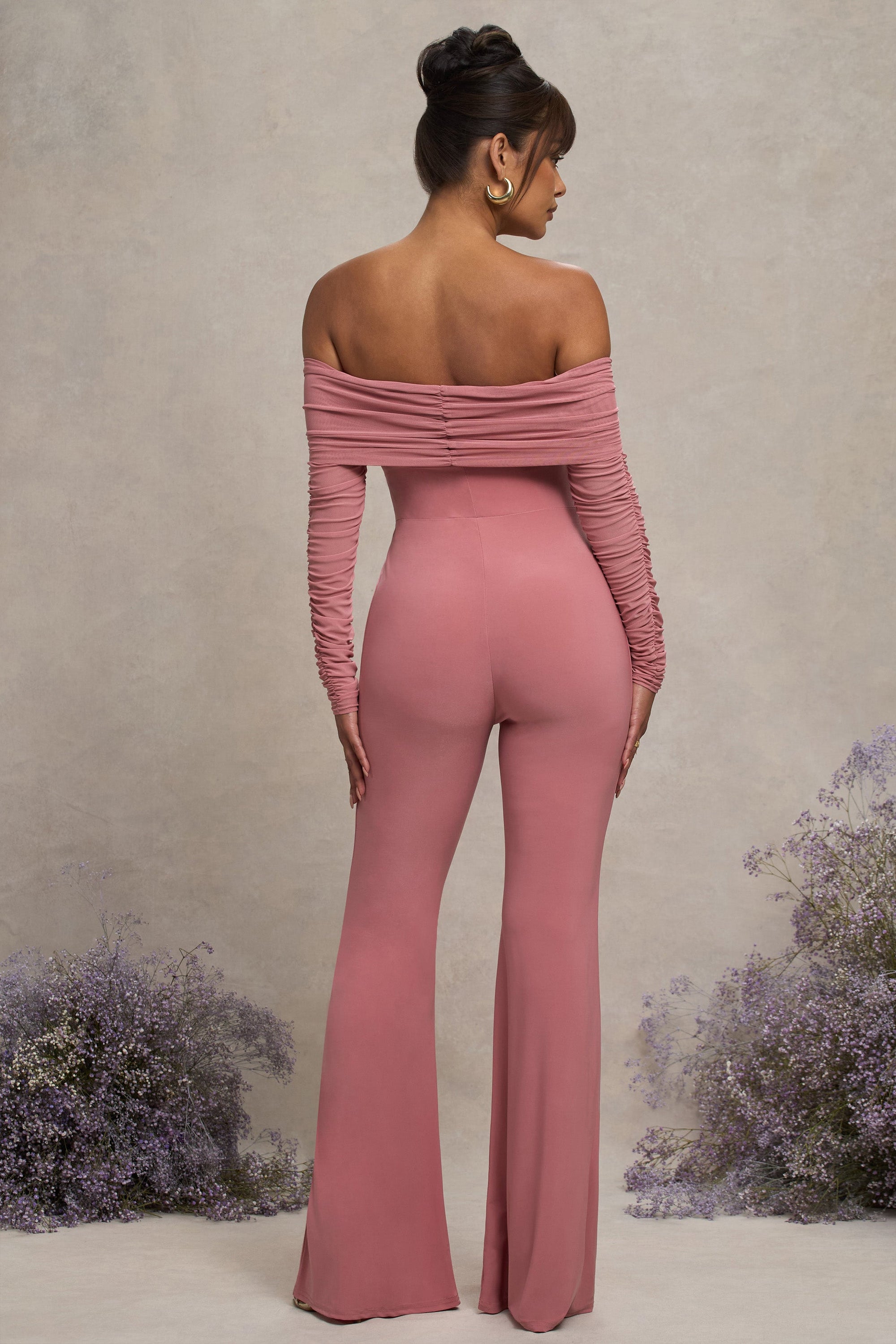Count Down | Blush Pink Maternity Ruched Mesh Bardot Jumpsuit - Club L London - USA