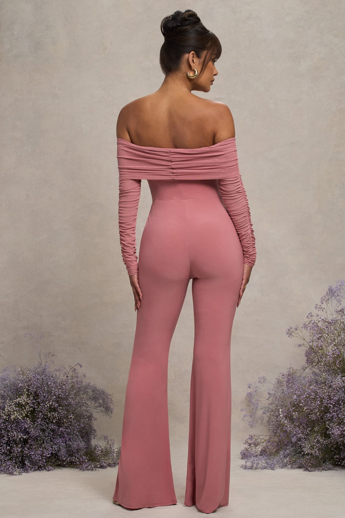 Count Down Blush Pink Maternity Ruched Mesh Bardot Jumpsuit Club L London - USA Count Down Blush Pink Maternity Ruched Mesh Bardot Jumpsuit Club L London - USA