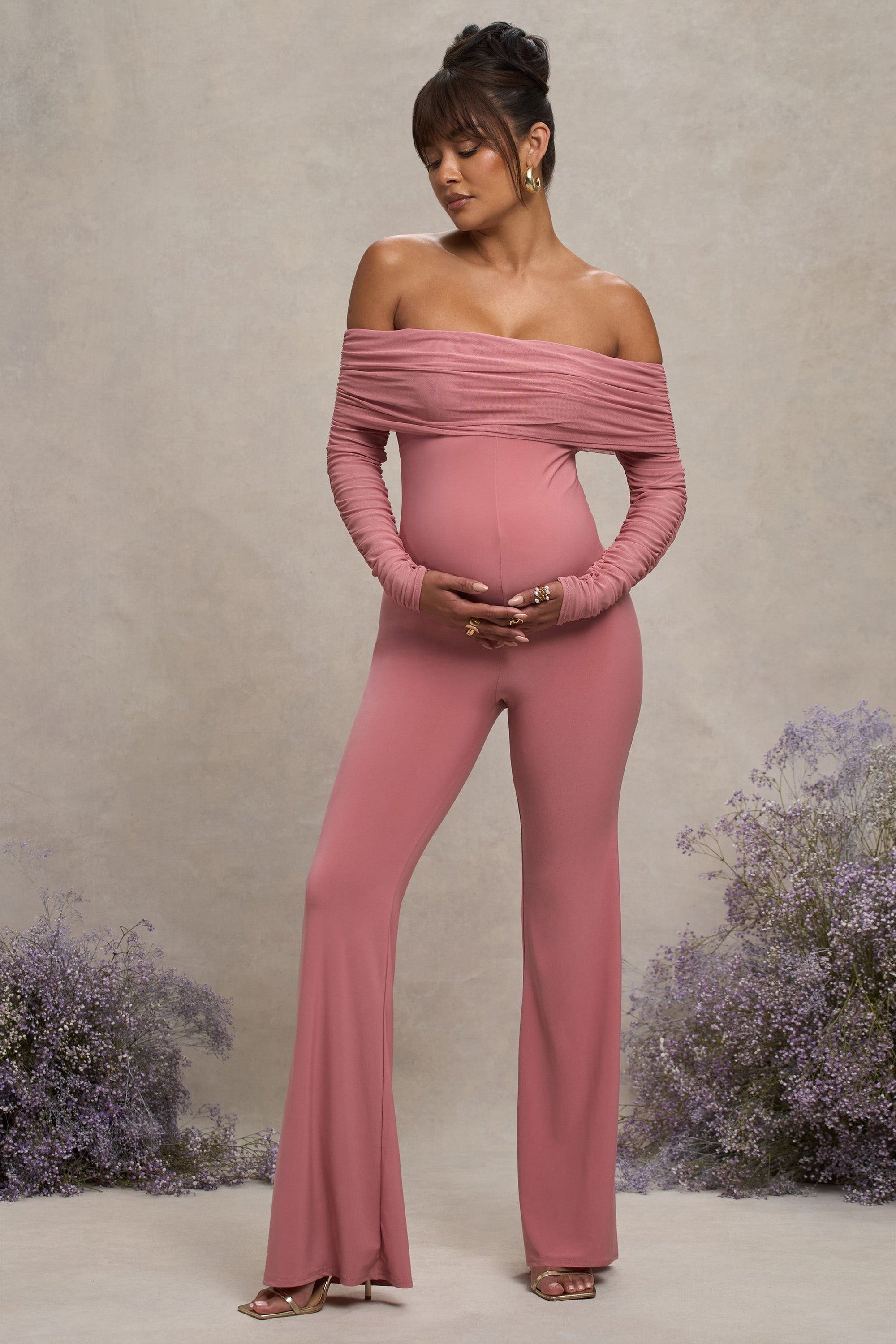 Count Down | Blush Pink Maternity Ruched Mesh Bardot Jumpsuit - Club L London - USA