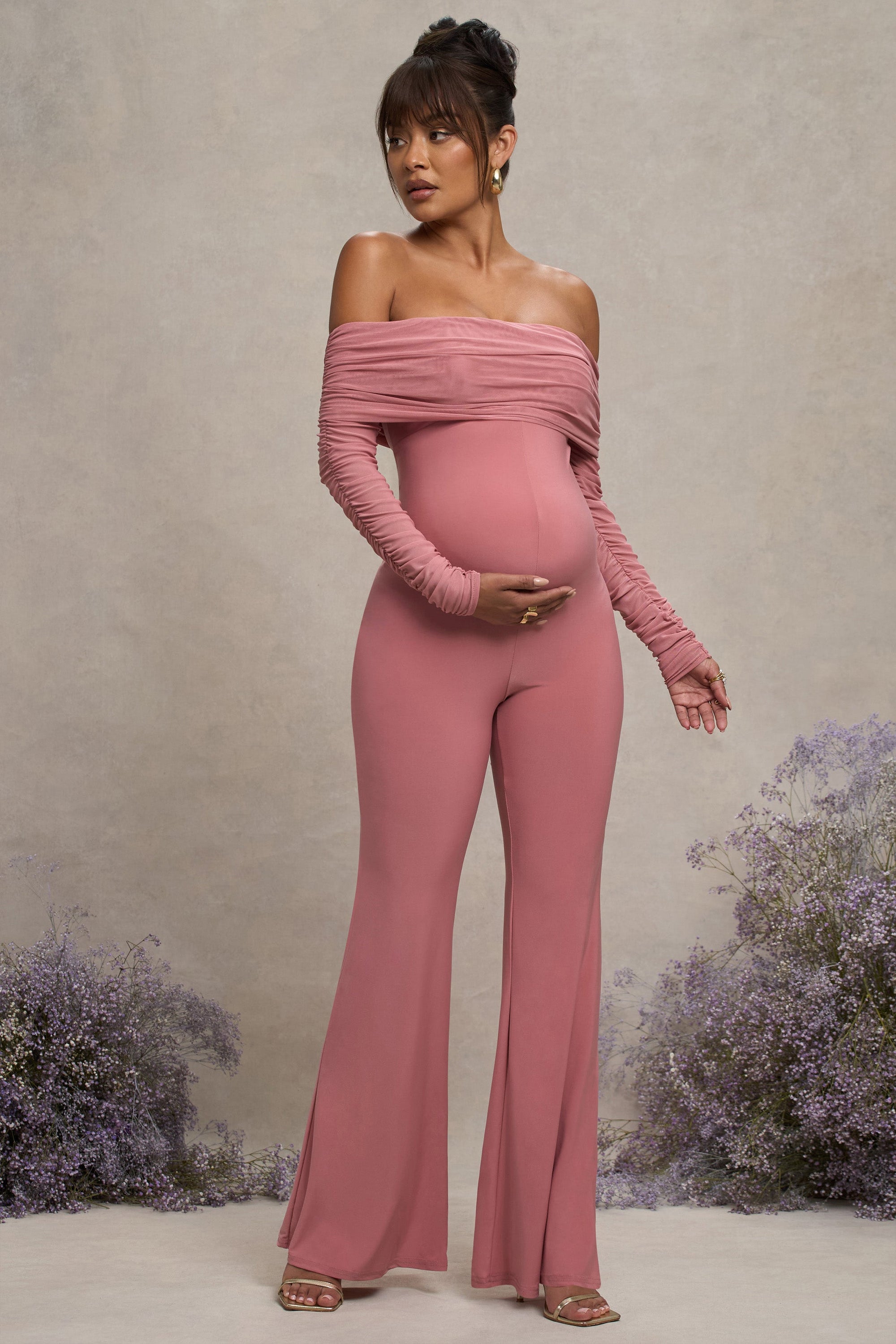 Count Down | Blush Pink Maternity Ruched Mesh Bardot Jumpsuit - Club L London - USA