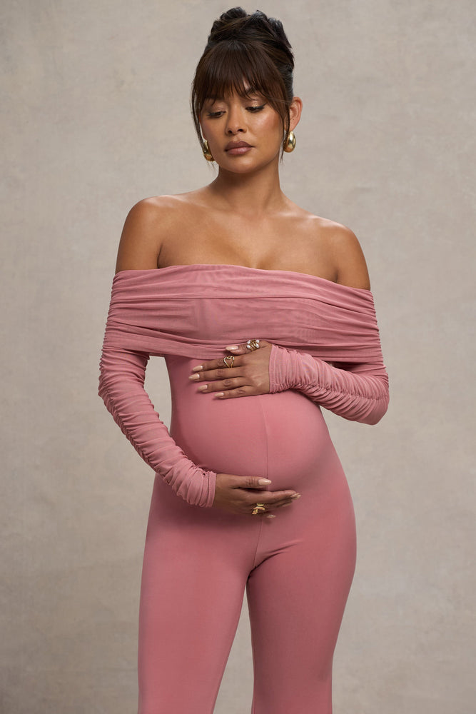 Count Down Blush Pink Maternity Ruched Mesh Bardot Jumpsuit Club L London USA