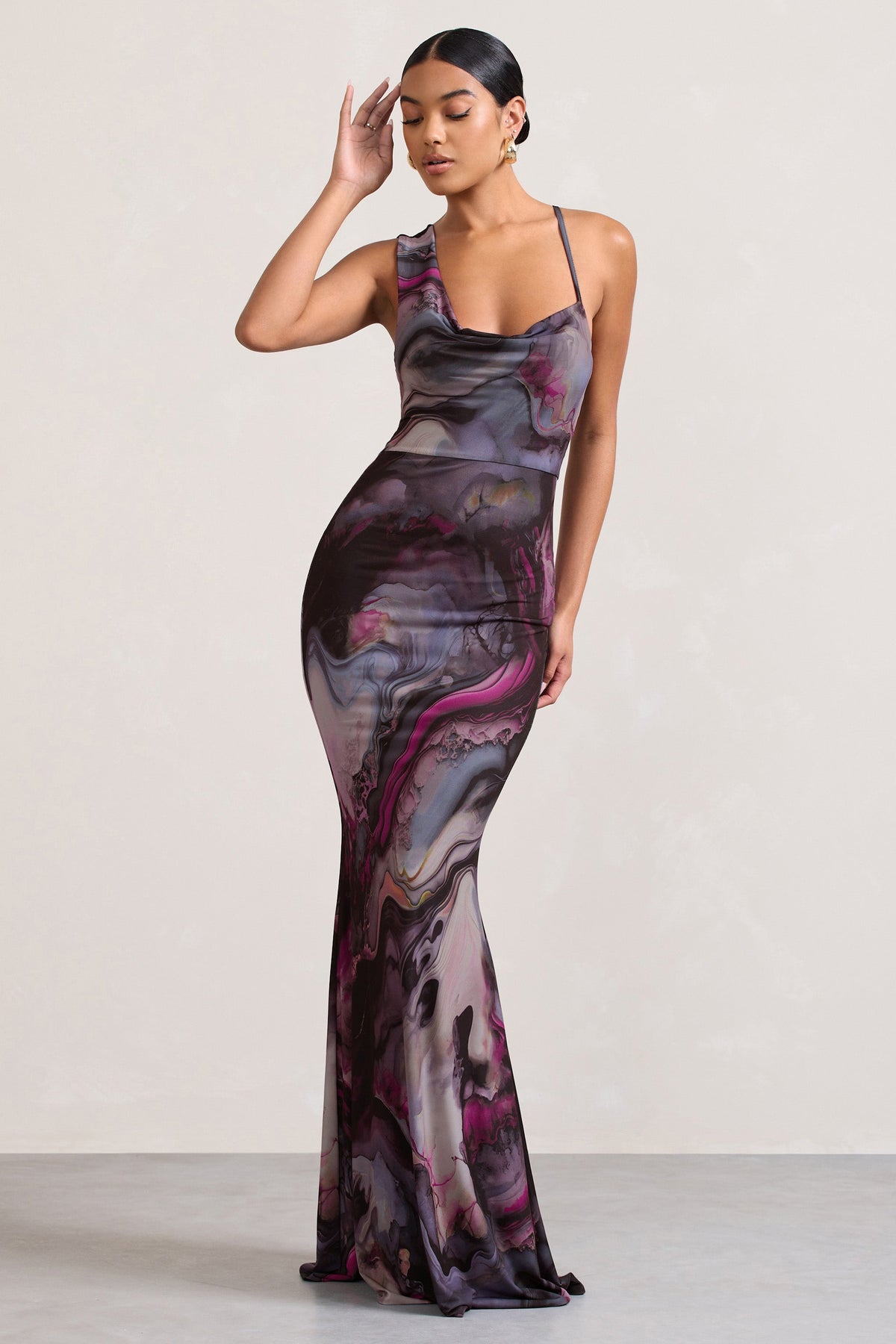 Phantasy Marble Print Asymmetric Neckline Cowl Maxi Dress – Club L ...