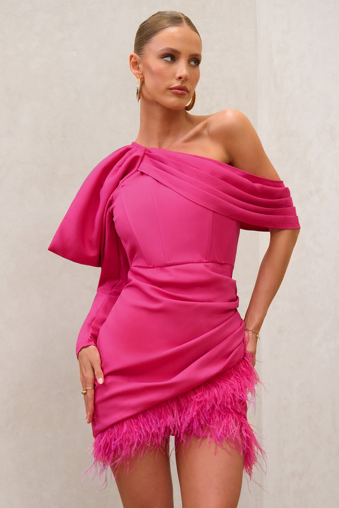 RSVP Hot Pink Asymmetric Volume Sleeve Draped Feather Mini Dress – Club ...