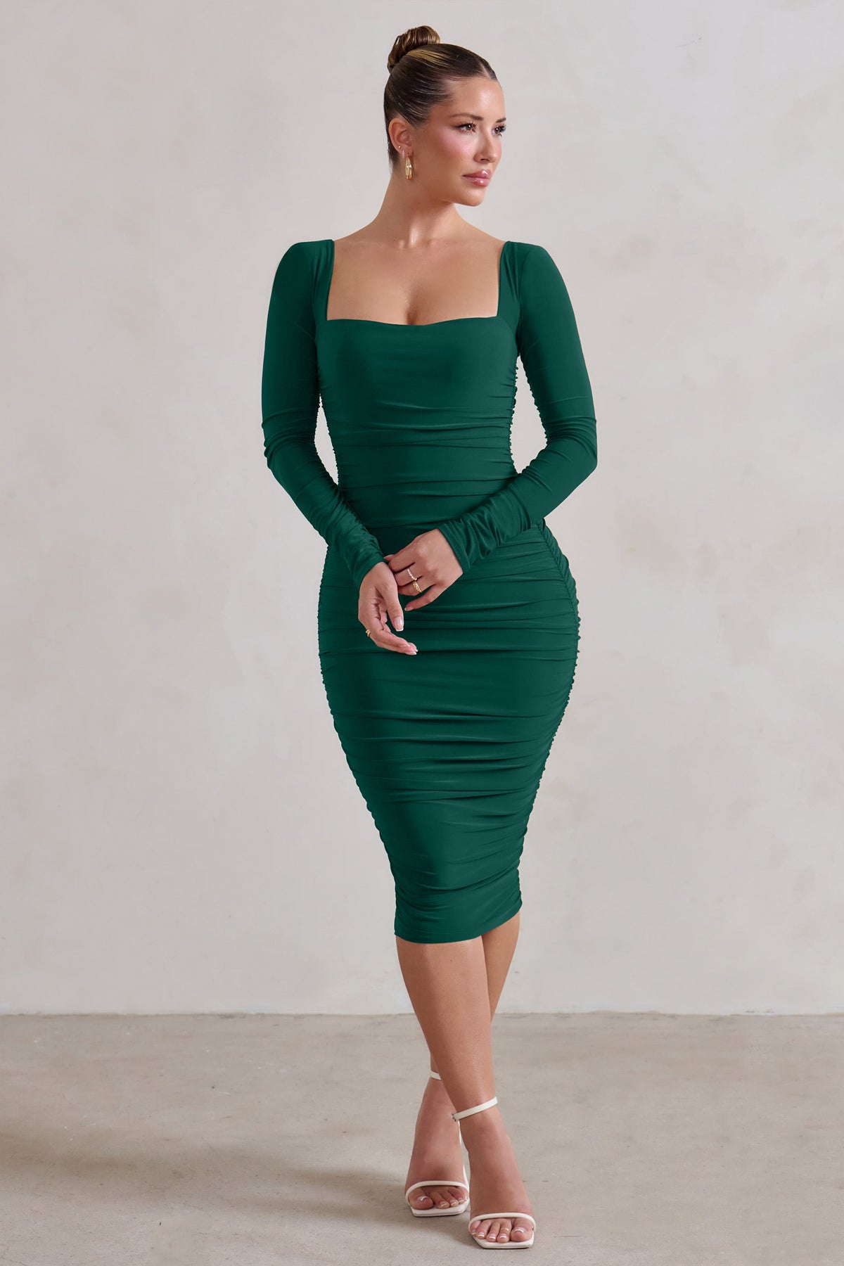 Seductress Bottle Green Square Neck Bodycon Midi Dress With Long